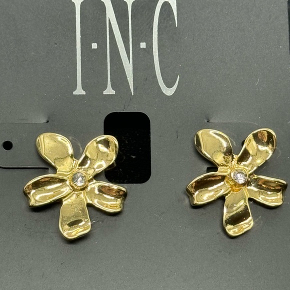 INC Gold Tone Flower with Crystal Post Earrings - Picture 4 of 12
